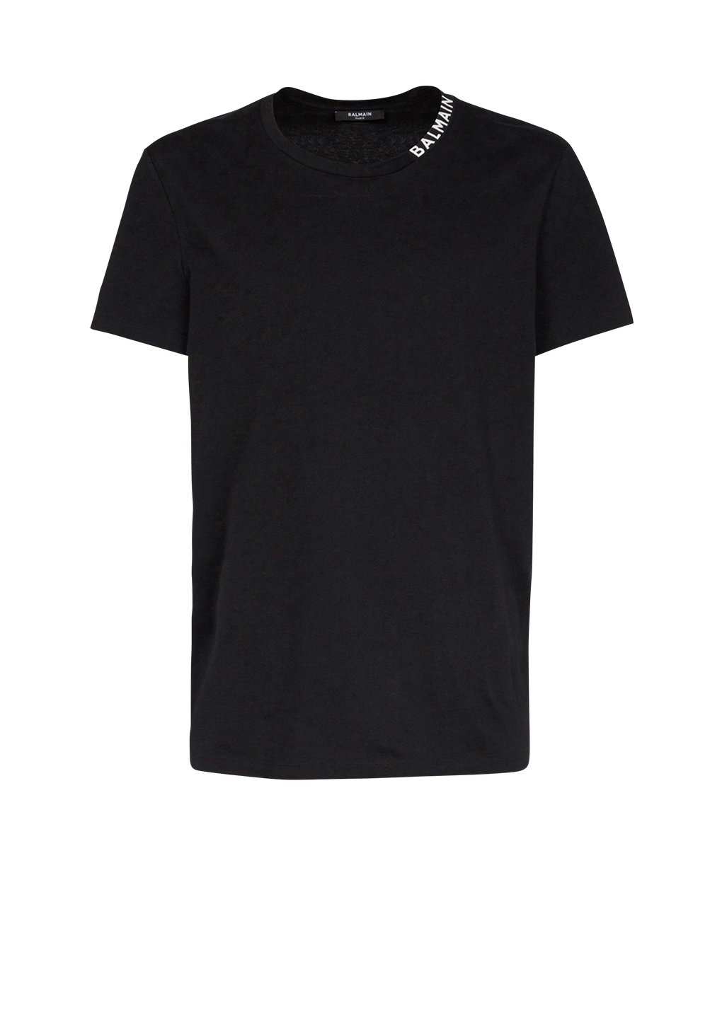 Cotton T-shirt with Balmain logo print neckline, black, hi-res