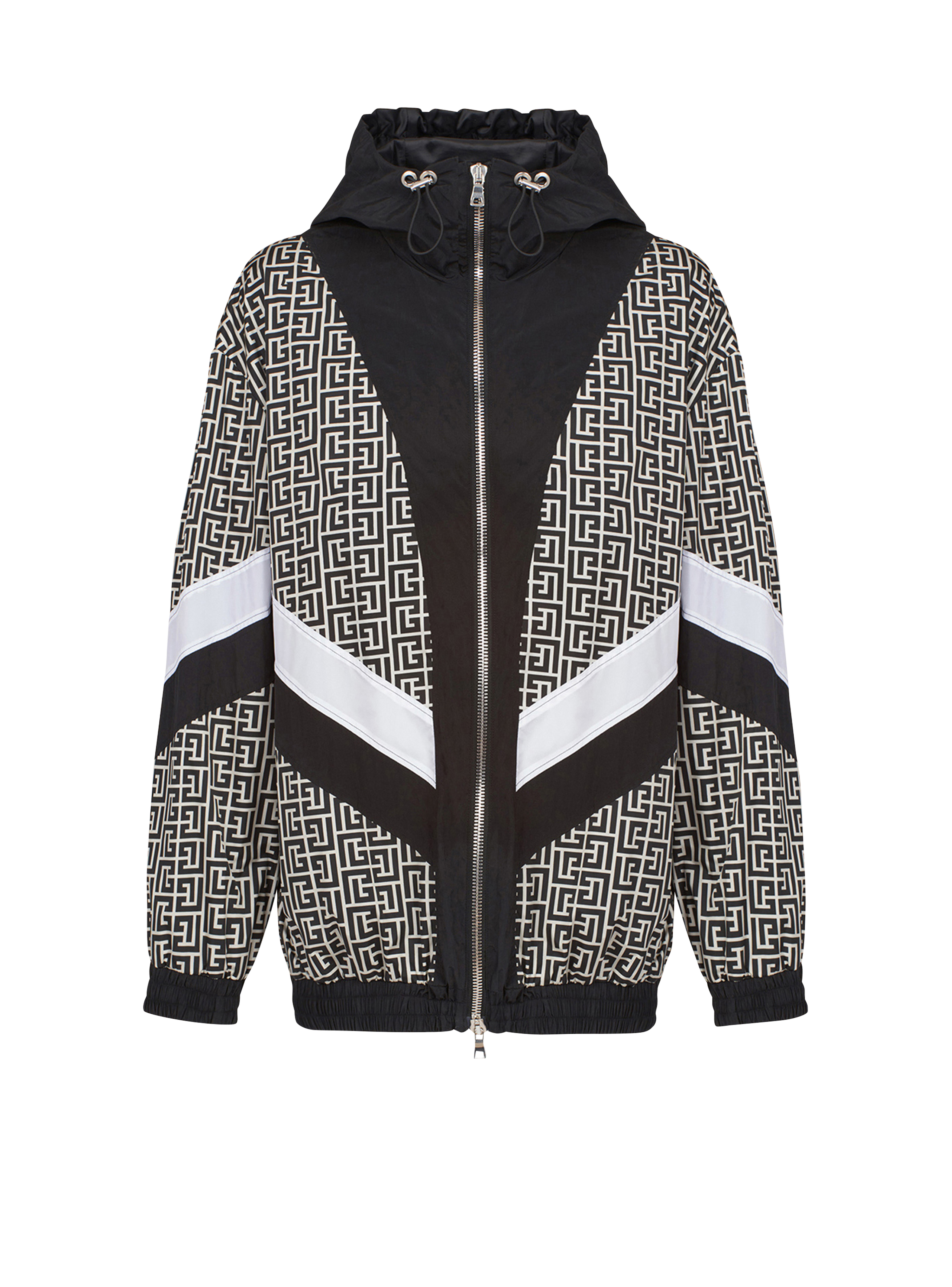 Hooded nylon jacket with Balmain monogram, black