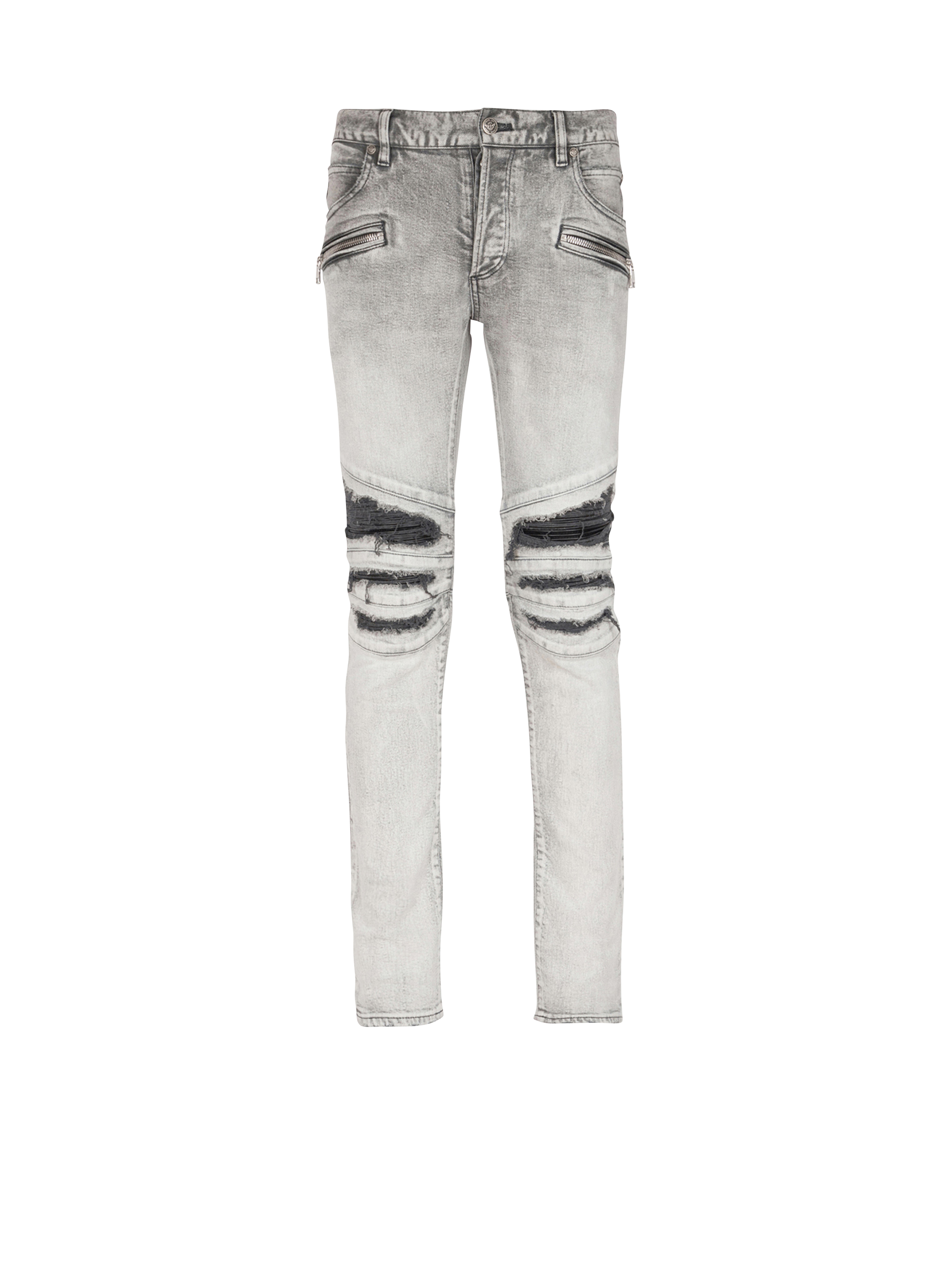 Slim cut ripped cotton jeans with synthetic leather panels, grey